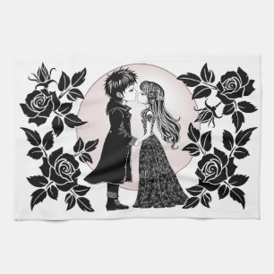 Cute Gothic Emo Kids Kiss Valentine Day Kökshandduk