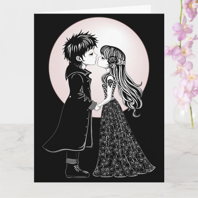 Cute Gothic Emo Kids Kiss Valentine Day Kort (Orkide)