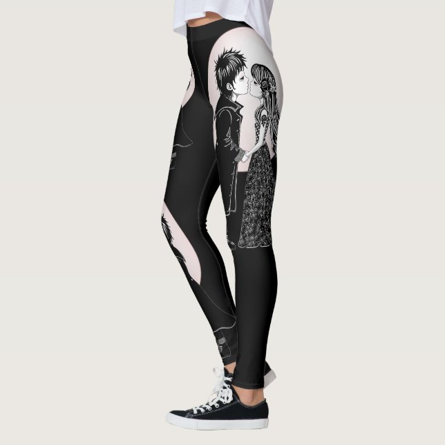 Cute Gothic Emo Kids Kiss Valentine Day Leggings (Vänster)