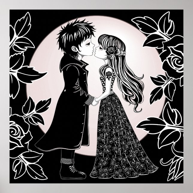 Cute Gothic Emo Kids Kiss Valentine Day Poster (Framsidan)
