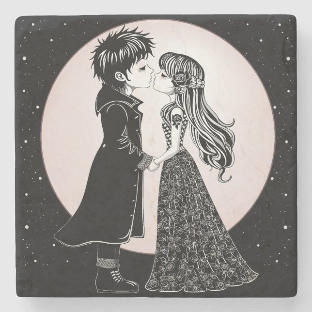 Cute Gothic Emo Kids Kiss Valentine Day Stenunderlägg (Framsidan)