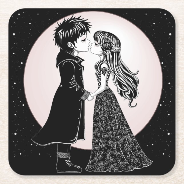 Cute Gothic Emo Kids Kiss Valentine Day Underlägg Papper Kvadrat (Framsidan)