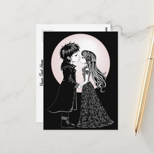 Cute Gothic Emo Kids Kiss Valentine Day Vykort (Fram/Back In Situ)