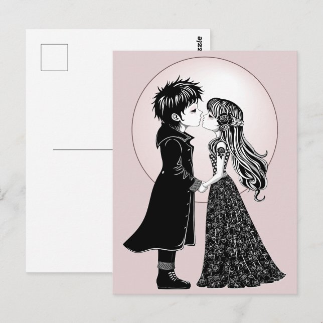 Cute Gothic Emo Kids Kiss Valentine Day Vykort (Fram/baksida)