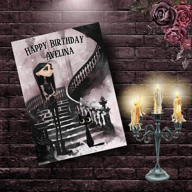 Cute Gothic Girl With Her Black Cat Birthday Card Kort (Skapare uppladdad)