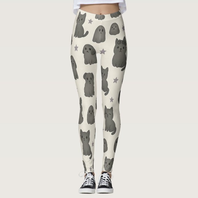 Cute Gothic Pets Pattern – Ghost animal  Leggings (Framsida)