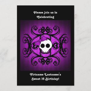 Cute gothic skalle lila och svart 5x7 söt 16 inbjudningar