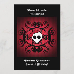 Cute gothic skalle på rött och svart 5x7 söt 16 inbjudningar