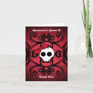 Cute gothic skalle på rött och svart sött 16 tack kort