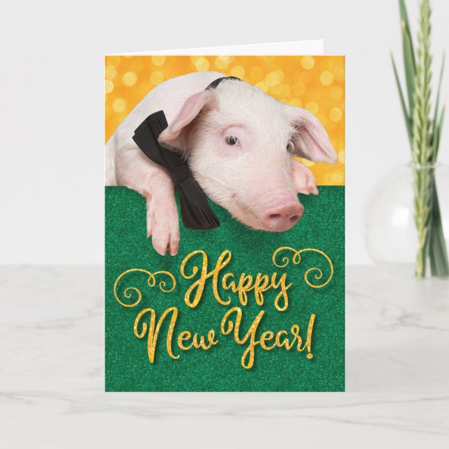 Cute Gott nytt år Gris med badplats och Glitter Kort (Framsida)