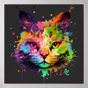Cute Graffiti Neon Bläck Stänk Cat Poster