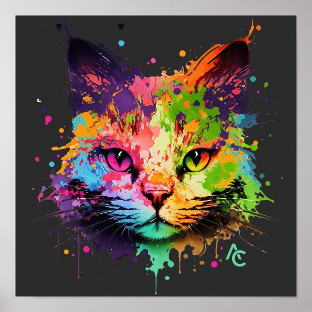 Cute Graffiti Neon Bläck Stänk Cat Poster (Framsidan)