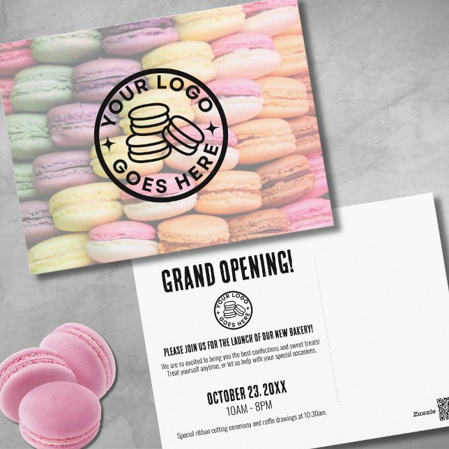 Cute Grand Open Bakery Vykort (Cute Colorful Macaron Cookie Grand Opening Bakery Postcard)