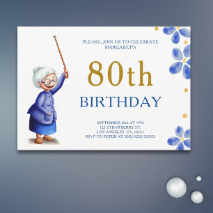 Cute Grandma Watercolor Blommigt 80 Birthday Inbjudningar