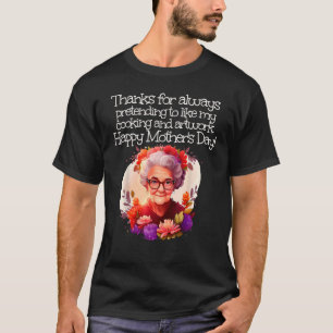 Cute Granny Ansikte med Flowers för Lycklig Mor D T Shirt