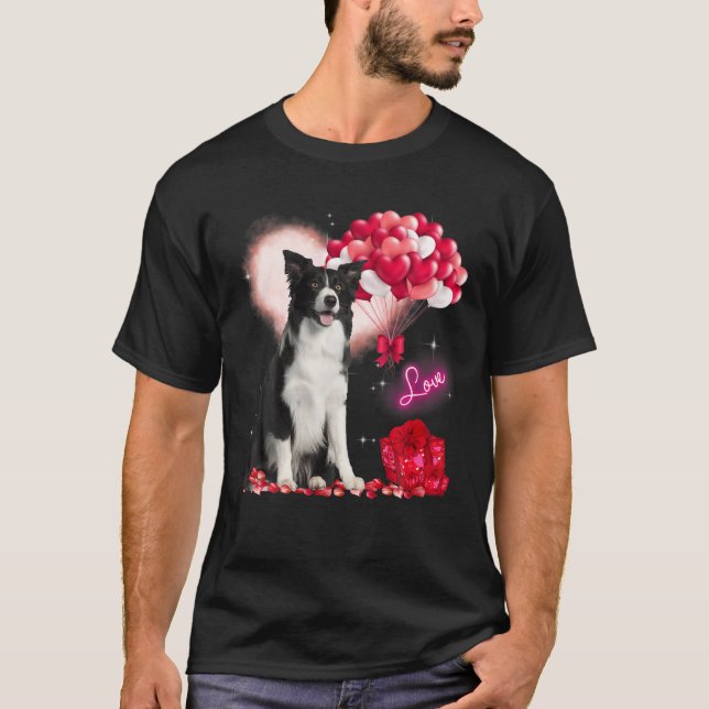 Cute Gräns Collie Balloon Heart Valentine Day V T Shirt (Framsida)
