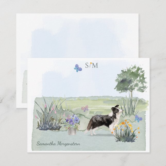 Cute Gräns Collie Hund Butterfly Monogram Namn Anteckningskort (Fram/baksida)