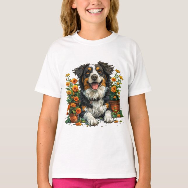 Cute Gräns Collie in Flowers T Shirt (Framsida)