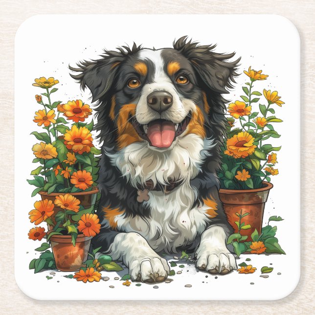 Cute Gräns Collie in Flowers Underlägg Papper Kvadrat (Framsidan)