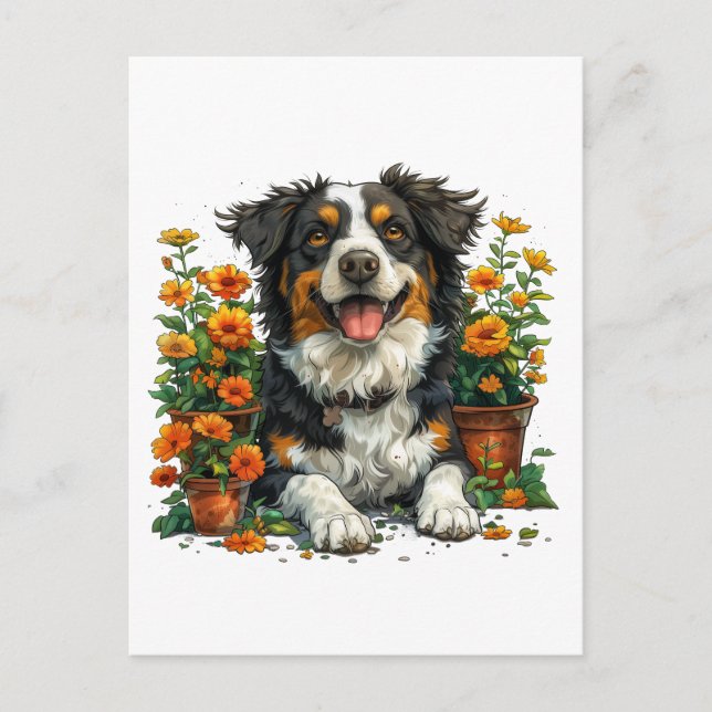 Cute Gräns Collie in Flowers Vykort (Framsida)