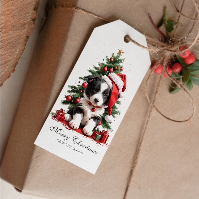 Cute Gräns Collie Julvalpen Personlig Presentetikett (Cute Border Collie Christmas Puppy Gift Tag)