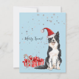 Cute Gräns Collie med Santa Hat Watercolor Art Julkort