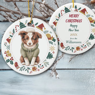 Cute Gräns Collie Puppy in Winter Sweater Julgransprydnad Keramik