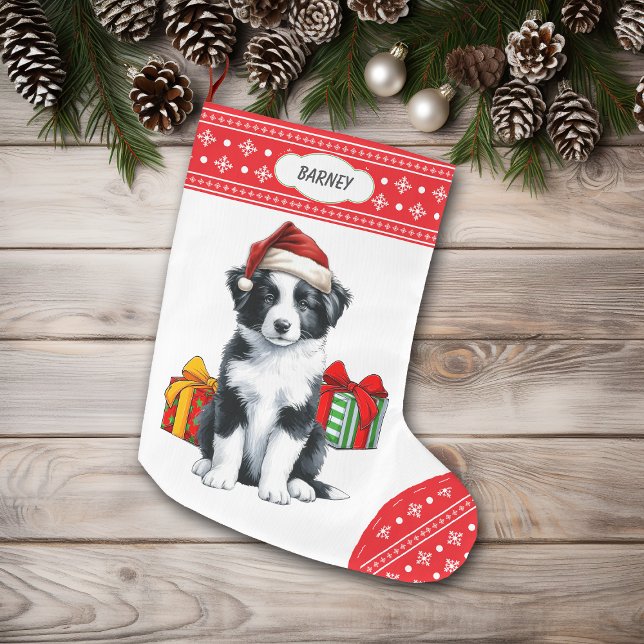 Cute Gräns Collie Puppy Santa Hat Snowflake Stor Julstrumpa (Skapare uppladdad)