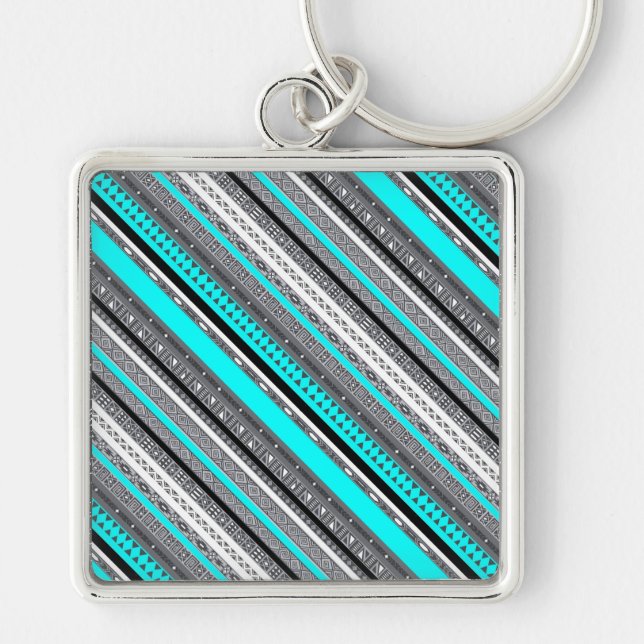 Cute grått aqua aztec mönster fyrkantig silverfärgad nyckelring (Framsidan)
