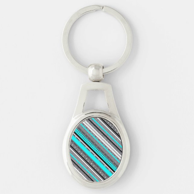 Cute grått aqua aztec mönster ovalt silverfärgad nyckelring (Framsidan)