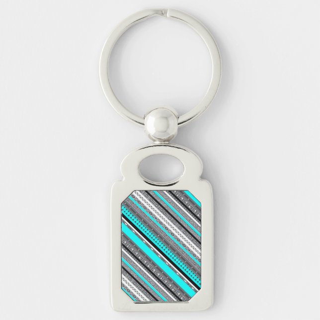 Cute grått aqua aztec mönster rektangulärt silverfärgad nyckelring (Framsidan)