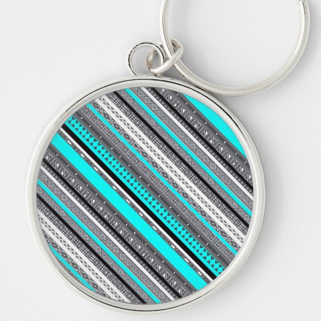 Cute grått aqua aztec mönster rund silverfärgad nyckelring (Framsidan)