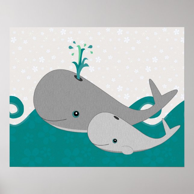 Cute Grått Baby Whale på Vinkara Tecknaden Poster (Framsidan)