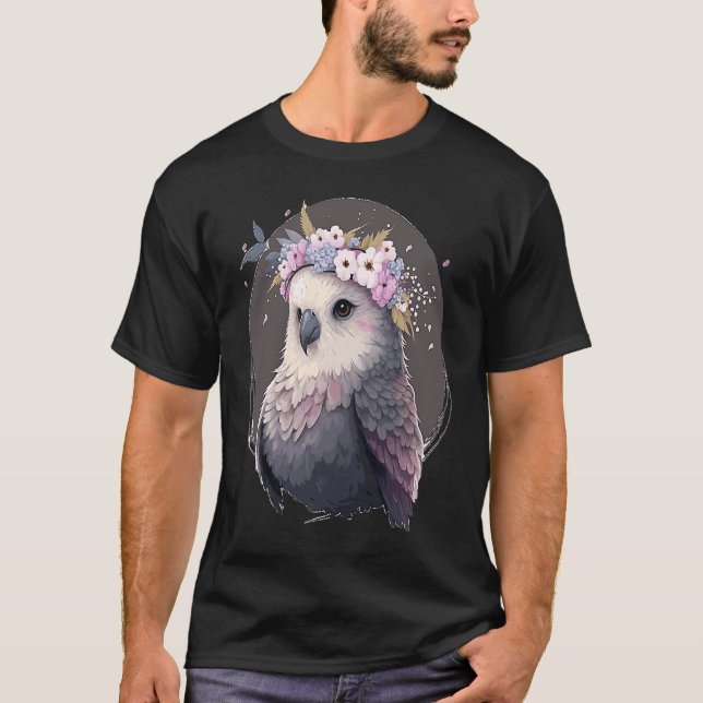 Cute Grått Budgie Parakeet Bird Flower Krona Pet B T Shirt (Framsida)