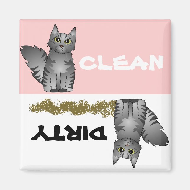 Cute Grått Cat Clean Dirty Dishwasher Magnet (Framsidan)