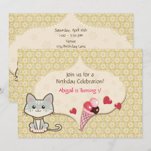 Cute Grått Cat, Ice Cream och Flowers Birthday Inbjudningar