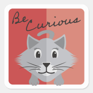 Cute Grått Cat Illustration ska vara Nyfiken röd Fyrkantigt Klistermärke
