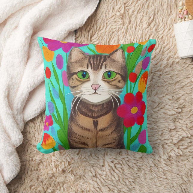 Cute Grått Cat med färgämnen Kudde (Filt)