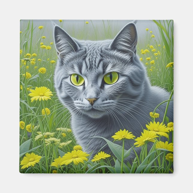 Cute Grått Cat med Gult Ögon Ai Art Magnet (Framsidan)