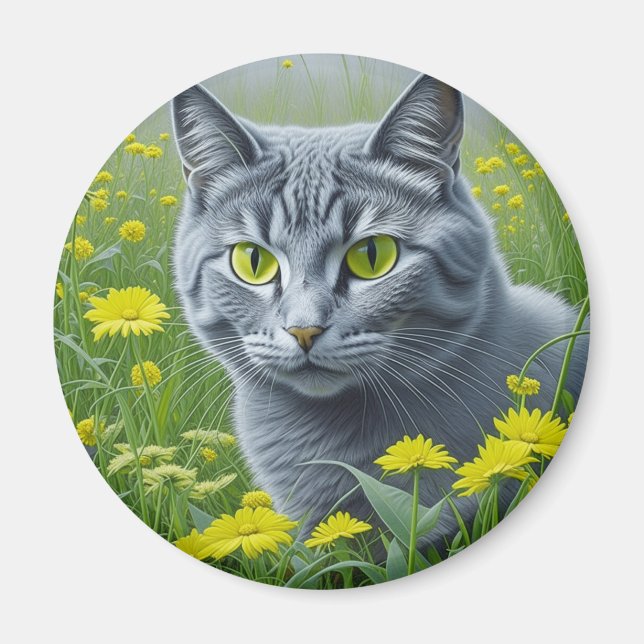 Cute Grått Cat med Gult Ögon Ai Art Magnet (Framsidan)