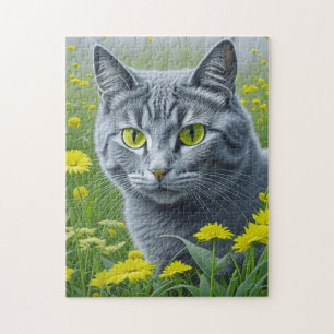 Cute Grått Cat med Gult Ögon Ai Art Pussel