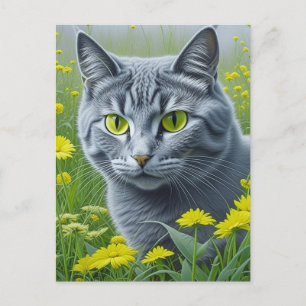 Cute Grått Cat med Gult Ögon Ai Art Vykort