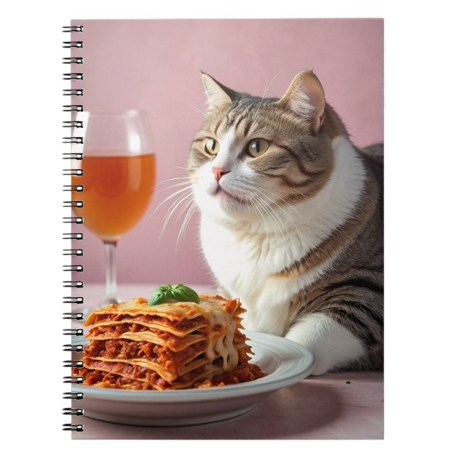 Cute Grått Cat med Lasagna och Vin glas Anteckningsbok (Framsidan)
