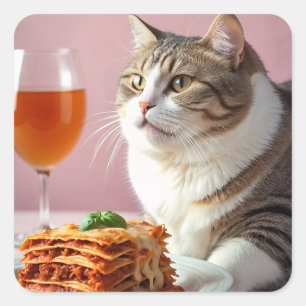 Cute Grått Cat med Lasagna och Vin glas Fyrkantigt Klistermärke