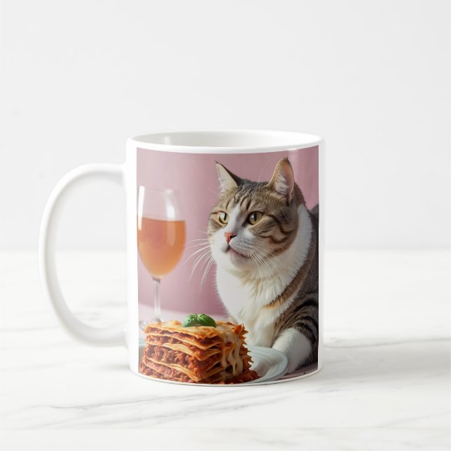 Cute Grått Cat med Lasagna och Vin glas Kaffemugg (Vänster)