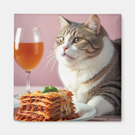 Cute Grått Cat med Lasagna och Vin glas Magnet