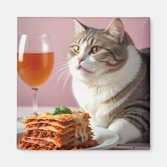 Cute Grått Cat med Lasagna och Vin glas Magnet (Framsidan)