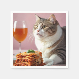 Cute Grått Cat med Lasagna och Vin glas Pappersservett