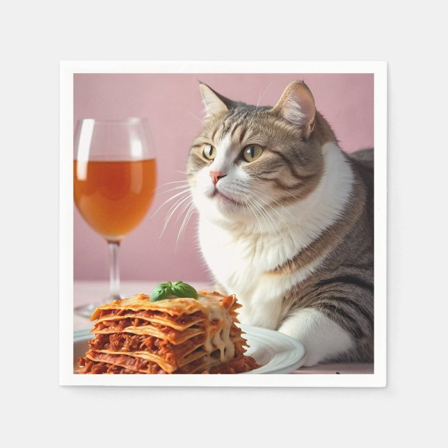 Cute Grått Cat med Lasagna och Vin glas Pappersservett (Framsidan)