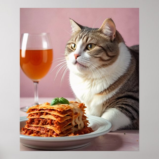 Cute Grått Cat med Lasagna och Vin glas Poster (Framsidan)